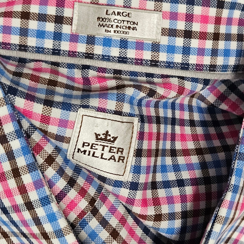 Peter Millar Mens Large Tattersall Check Button Down Shirt Blue‎ Pink Cotton L - Picture 6 of 6